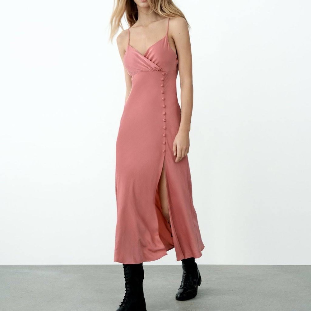 Pink Zara silky midi slip dress